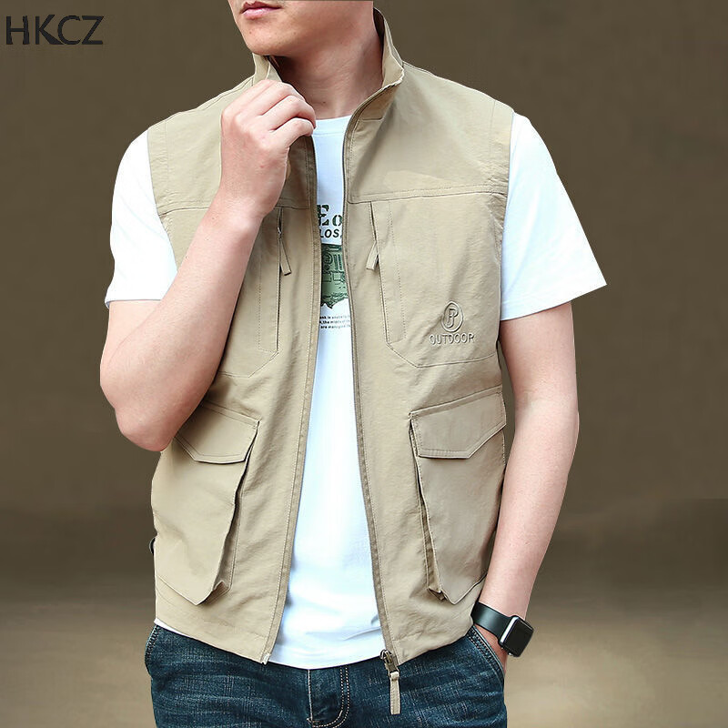 hkcz夏天马甲薄款男马甲男春秋款无袖工装多口袋宽松背心夏天外穿薄