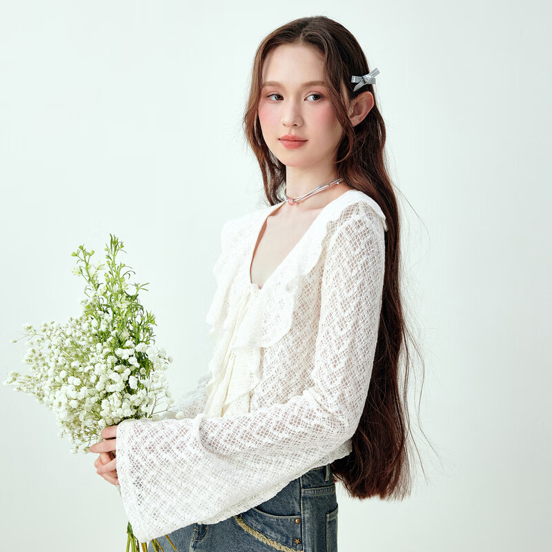 乐町甜美浪漫感木耳边设计蕾丝雪纺衫女夏季新款宽松天丝上衣 白色(现货) M