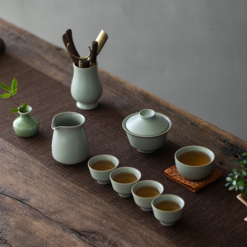 汝窑茶具10头捧香盖碗套装亚光天青 功夫茶具可养金丝铁线蝉翼开片