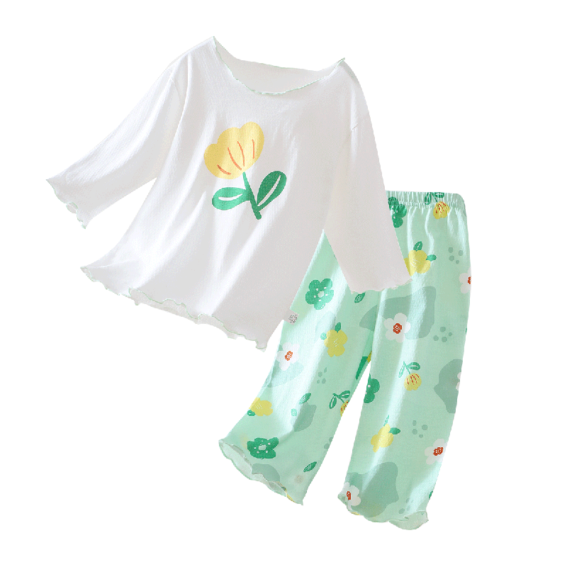 笛莎（DEESHA）童裝女童短袖家居服睡衣套裝兒童空調服夏裝 郁金香白花 175 