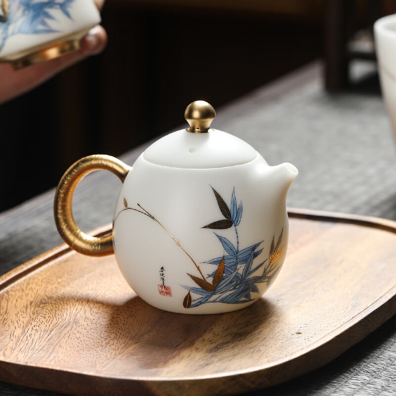 渡景山房茶壶羊脂玉白瓷高风傲然泡茶壶家用办公待客 冰凝玉龙蛋壶