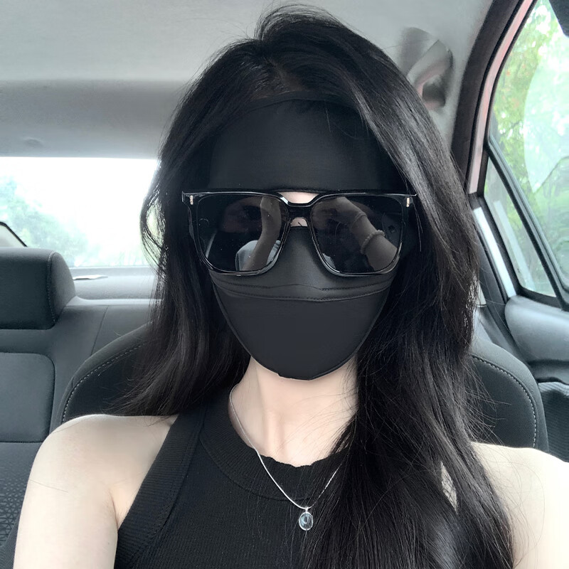 亚黑色防晒面罩女夏季薄款全脸脸基尼遮阳透气开车冰丝口罩 #34-黑色