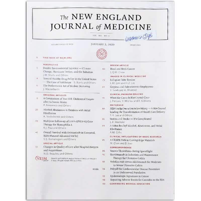 【单期可选】New England Journal of Medicine 2020/21年 新英格 2020年1月2日刊
