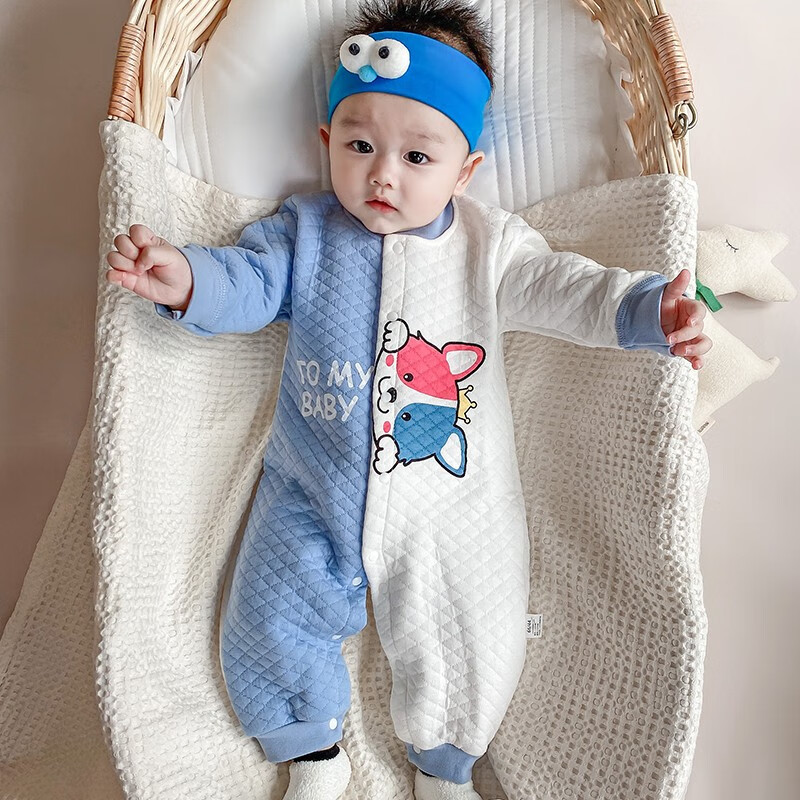 wua·wua婴儿连体衣春秋新生儿衣服男女宝宝秋冬保暖夹棉撞色鸳鸯睡衣套装 哈奇狗【保暖款】 90cm 【12-18个月 体重22-26斤】