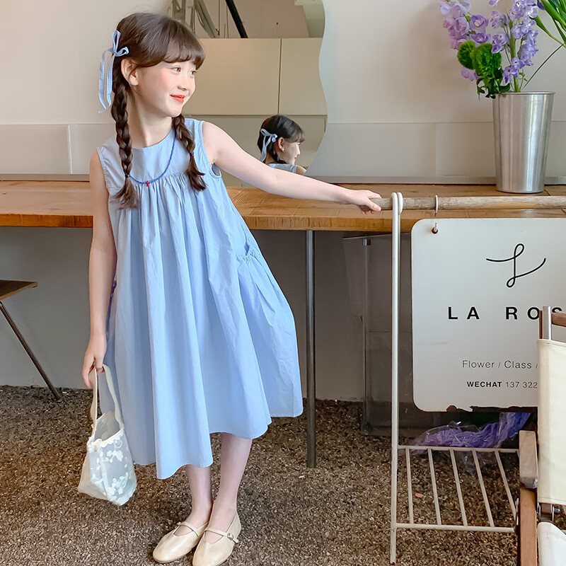 夏装连衣裙2024新款洋气儿童夏季背心裙子小女孩无袖公主裙y 浅蓝色