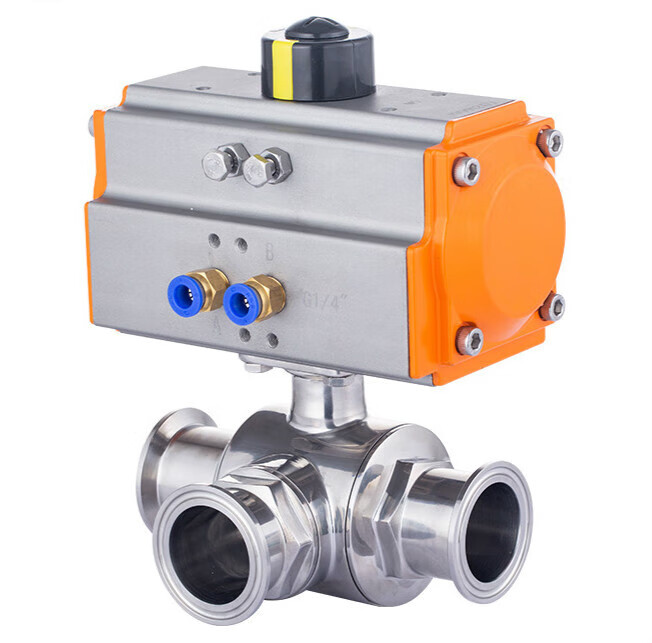 施韵令气动不锈钢三通球阀卫生快装式卡箍球阀快装气动浮动球球阀开关