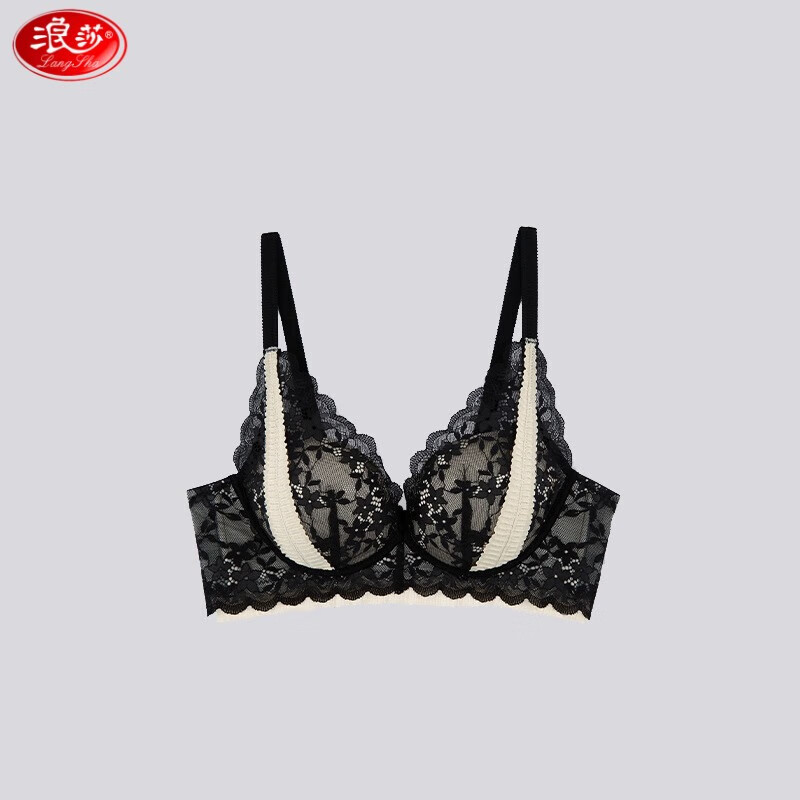 浪莎内衣女小胸聚拢上托收副乳调整型文胸蕾丝胸罩 黑色 s适合70ab