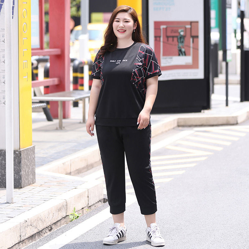 璀姗 超大码女装300斤新款肥胖女装300斤胖mm时尚休闲运动套装宽松大