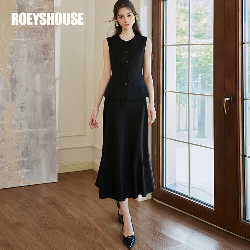 ROEYSHOUSE罗衣时尚马甲半身裙两件套女2024春装新款气质黑色修身套装09947 黑色 XL