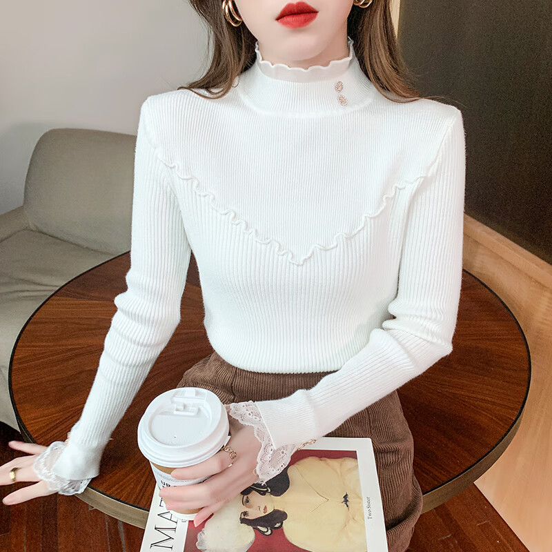 香影芬半高领打底衫女秋冬中领内搭蕾丝时尚毛衣木耳边针织法式别致上衣 燕麦色 L (建议105-115斤)