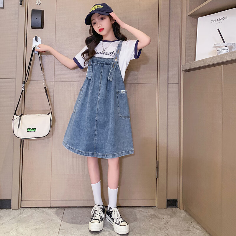 say)13-15岁大女童初中生夏天裙子套装童夏季牛仔背带裙2024新款纯短