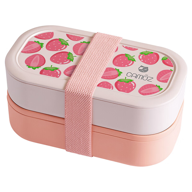 昌木子（CAMUZ）竹纤维饭盒 日式双层便当盒 可微波炉加热 密封1200ML 粉色草莓