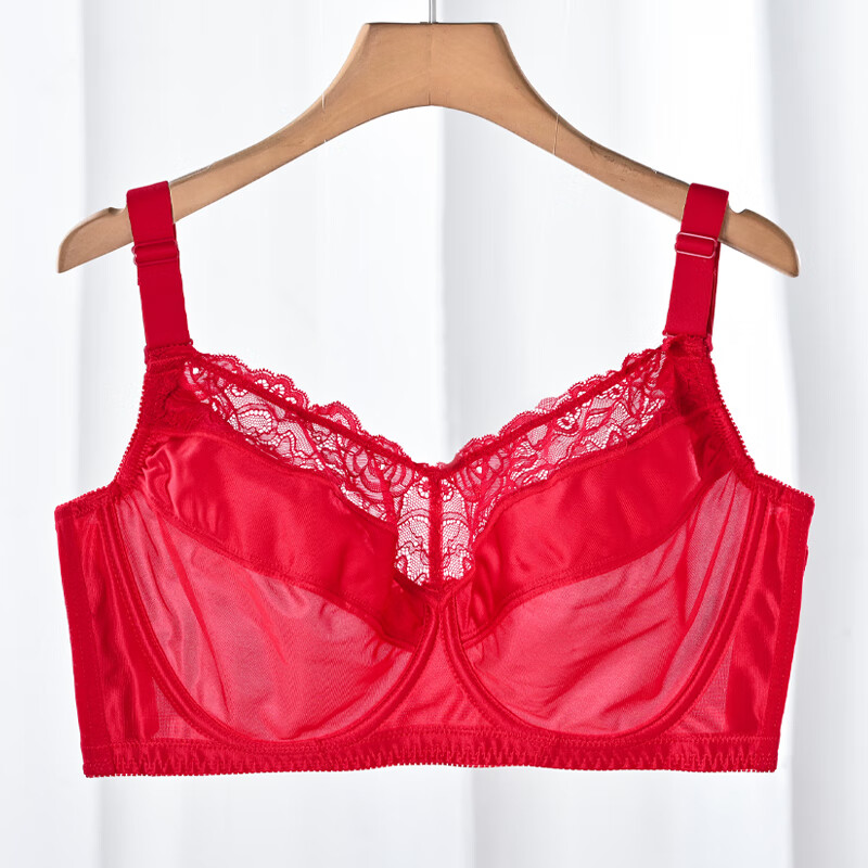 羽雅曼本命年红色内衣内裤女大胸显小薄款全罩杯防下垂大码文胸套装