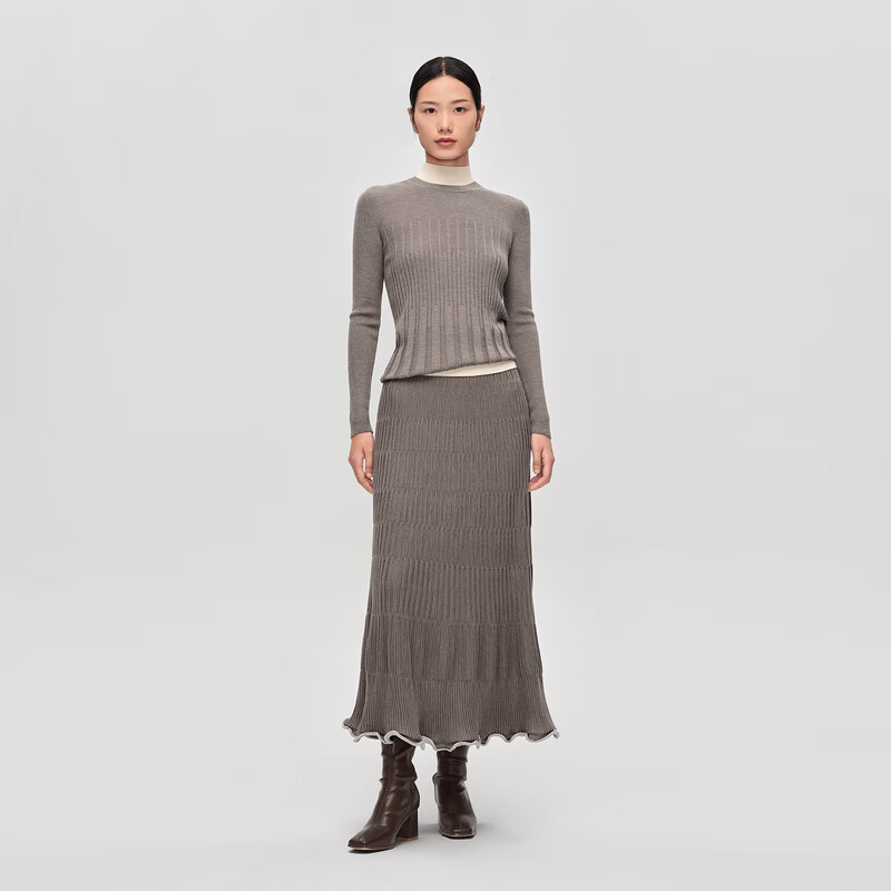 OVV秋冬热卖女装丝羊毛竖条纹肌理圆领休闲长袖针织衫 驼色（净色）B2 L