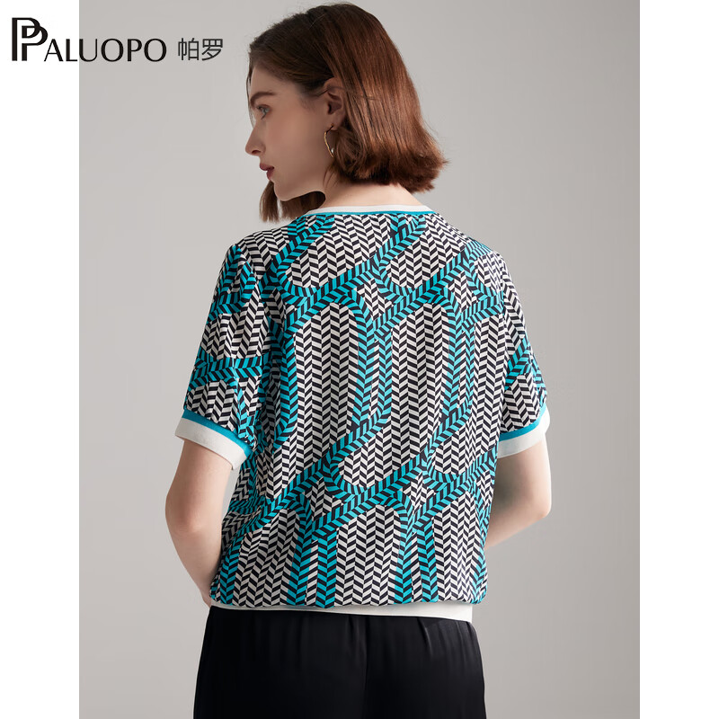 帕罗（PALUOPO）双绉新款真丝短袖体恤女士圆领印花100%桑蚕丝休闲百搭t上衣 黑蓝 L (165/88A)