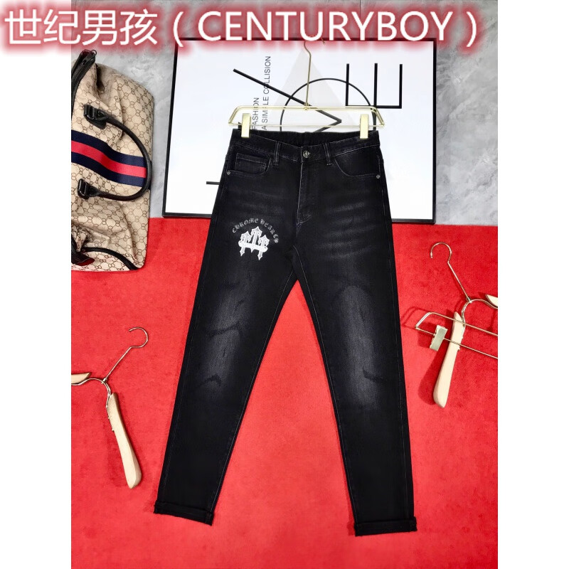 秋冬新款潮牌休闲牛仔裤男暗黑洗水丹宁重工烫钻修身小脚走秀款 黑色