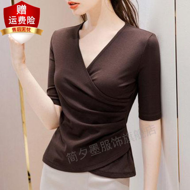 简夕墨 新款女装半袖棉t恤法式复古褶皱收腰上衣交叉v领短袖t恤女