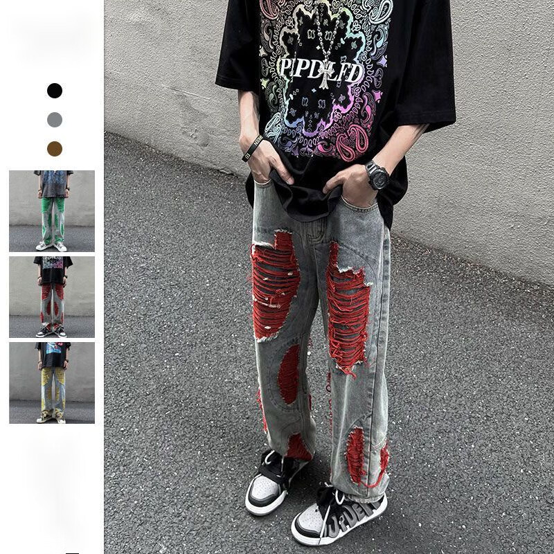 西牧威红线刺绣破洞牛仔裤男夏季薄款高街美式vibe风裤子直筒 红线色