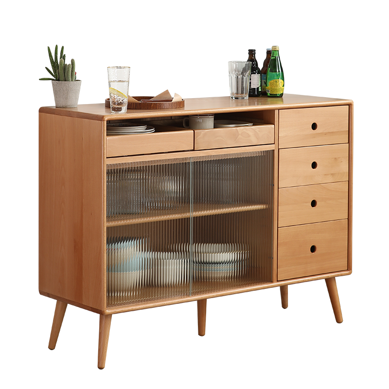 素杉实木餐边柜北欧简约小户型矮柜客厅玻璃酒柜厨房抽屉收纳储物柜   原木色