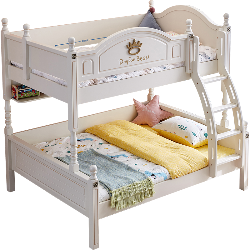 林氏木业（Kids）儿童床双人实木框高低子母两层上下铺床小户型双层床 【白色】LS196A7-A高低床+梯柜+下床垫 1.35m*2.0m