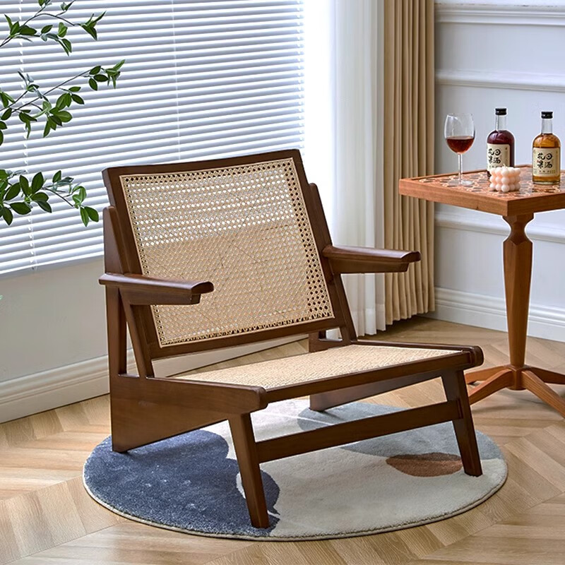 创京懿选躺椅老人专用木质 侘寂风躺椅复古实木藤编袋鼠椅网红设计师