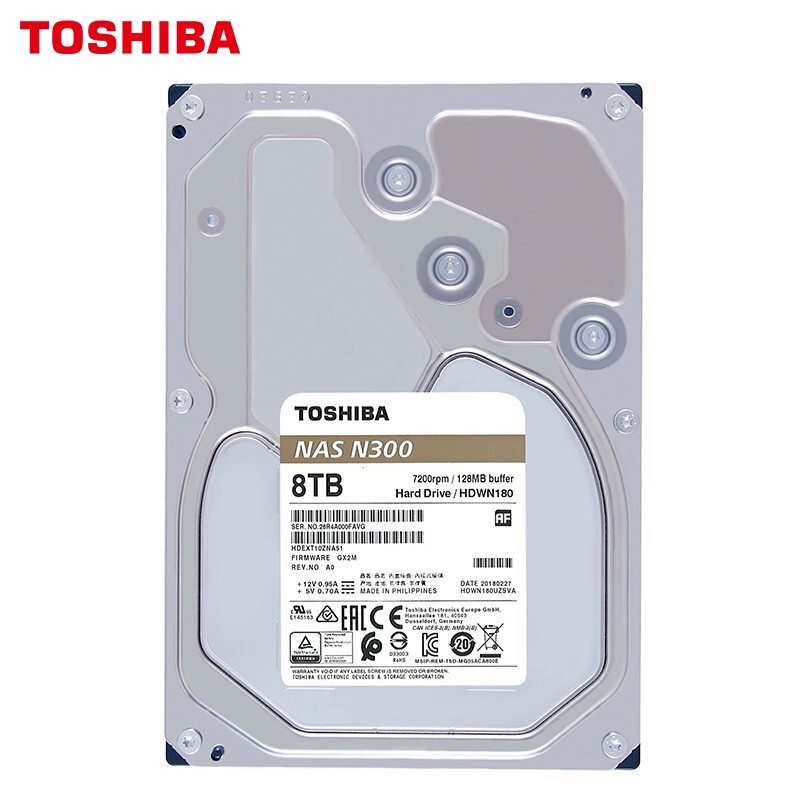 东芝（TOSHIBA） N300 网络存储NAS机械硬盘  7200RPM 3.5英寸 SATA接口 垂直式CMR 8TB HDWG480YZSTA 官方标配
