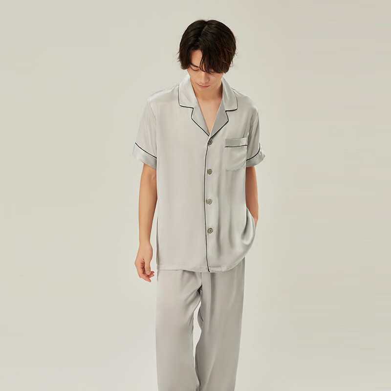 珊目爾【男士夏季新款】重磅19姆米真絲睡衣男6A級(jí)100%桑蠶絲家居服套裝 銀灰色(短袖長(zhǎng)褲) 2XL (175)175斤以內(nèi)適合