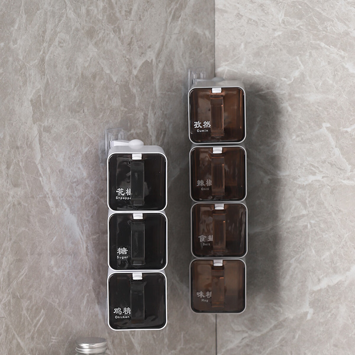 创建厨房旋转调料盒组合套装壁挂式调料瓶收纳盒置物架免打孔 （旋转式）灰色4格