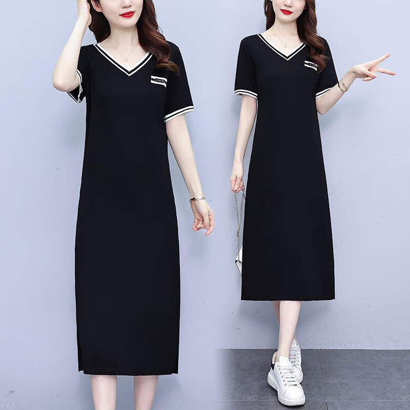 薇洛萱小众设计休闲运动v领2024夏季新款连衣裙女装显瘦中长款裙子