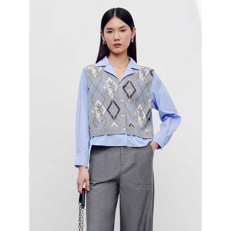 太平鸟【商场同款】女装秋季新款时髦假两件线开衫A1EDD3404 灰色 S