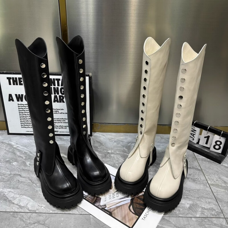 txax高筒靴女不等式骑士靴可两穿松糕厚底马丁靴潮流时装靴 米白色 35