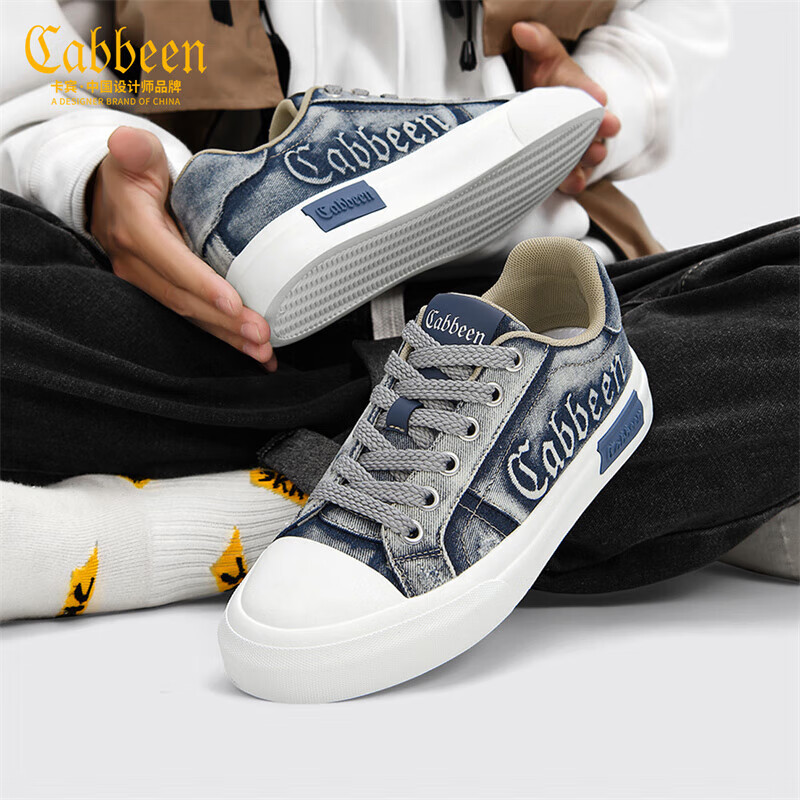卡宾男鞋秋冬新款低帮帆布鞋男百搭休闲板鞋男潮流复古水洗设计鞋子男 蓝色 41 【=运动鞋42码】