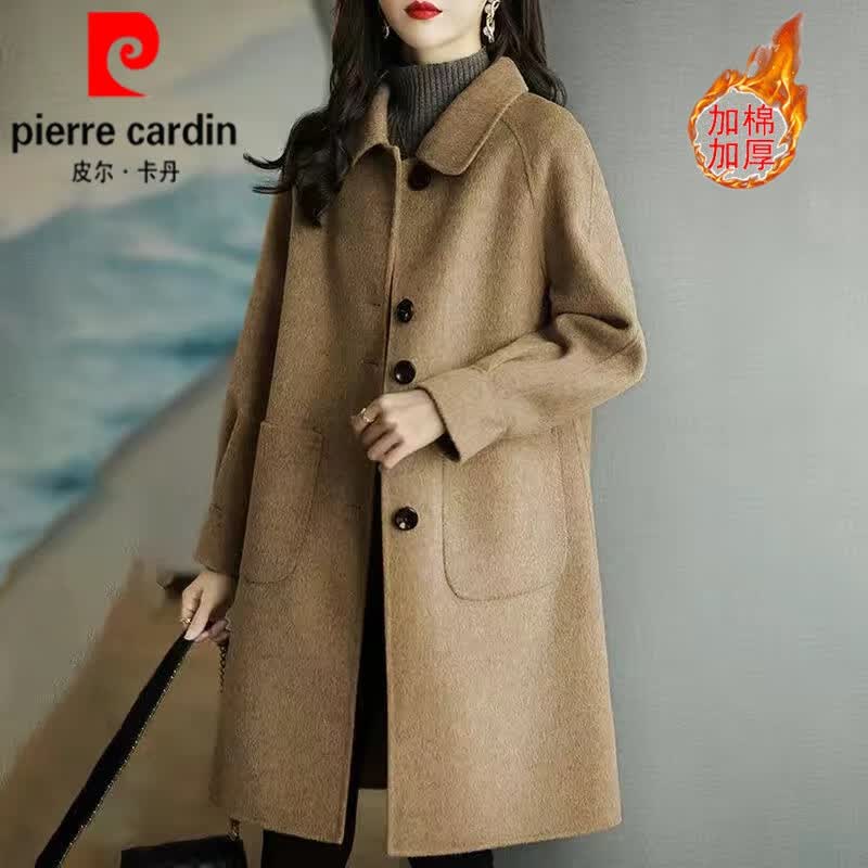 皮尔卡丹（pierre cardin）毛呢外套女2023年秋冬新款韩版休闲气质风衣中长款呢子大衣针织 驼色加棉款 M (建议90-100斤)高性价比高么？