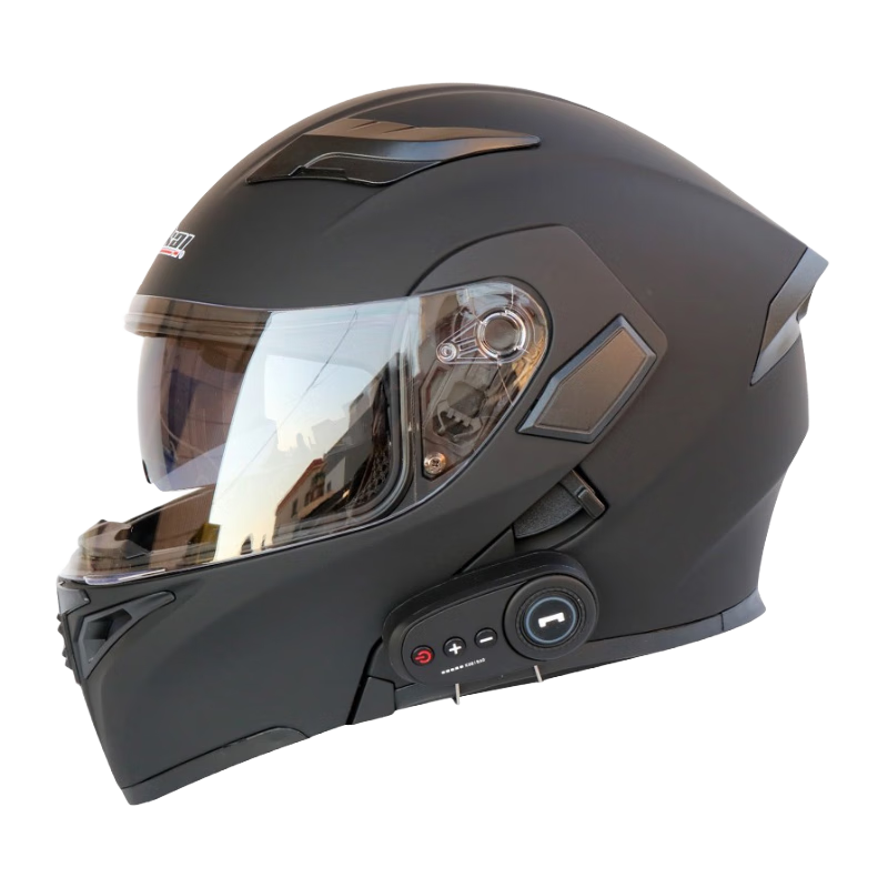 JIEKAI摩托车蓝牙头盔带耳机内置通话一体盔揭面盔双镜片电动车头帽 磨纱黑（带蓝牙耳机） 2XL