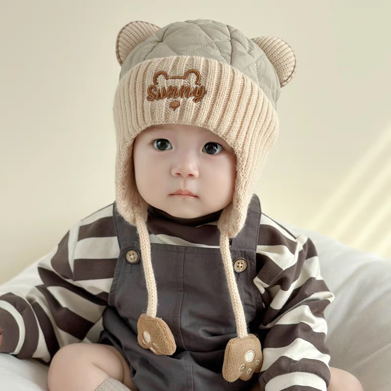 宝宝帽子秋冬1-3岁婴儿保暖防风护耳帽男女童套头帽2024冬天新款 米色 建议6个月-3岁/头围46-52cm