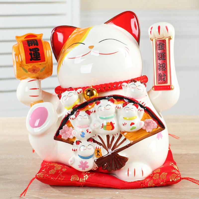 石玥 大号电动摇手陶瓷招财猫店铺公司开业礼品办公室桌面摆件乔迁 六福招财猫26*19*22cm