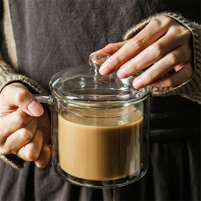 yumsir圆舍创意耐热隔热双层复古玻璃大茶缸大号容量带把冲泡咖啡杯子