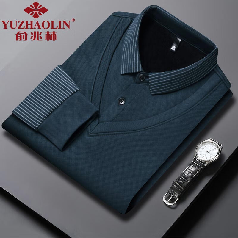 俞兆林假两件长袖t恤男士冬季新款加绒保暖衬衫领男装一体绒休闲卫衣服 哈青 4XL (190) (建议190-210斤穿)