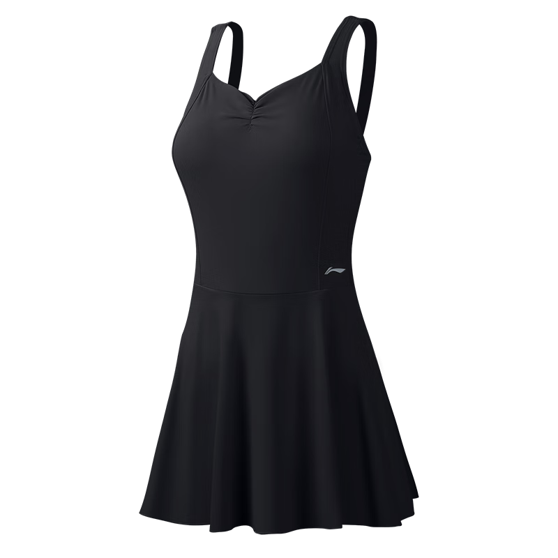 李寧（LI-NING）泳衣女連體裙式修身顯瘦游泳衣舒適透氣溫泉度假泳裝0441黑色L