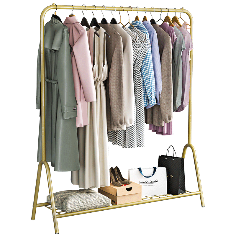 蜗家 衣帽架简易衣架落地衣架金属非实木室内晾衣服架子卧室收纳衣服架挂衣架多功能置物架 金色【预售8月4日发】【长120 高154cm】