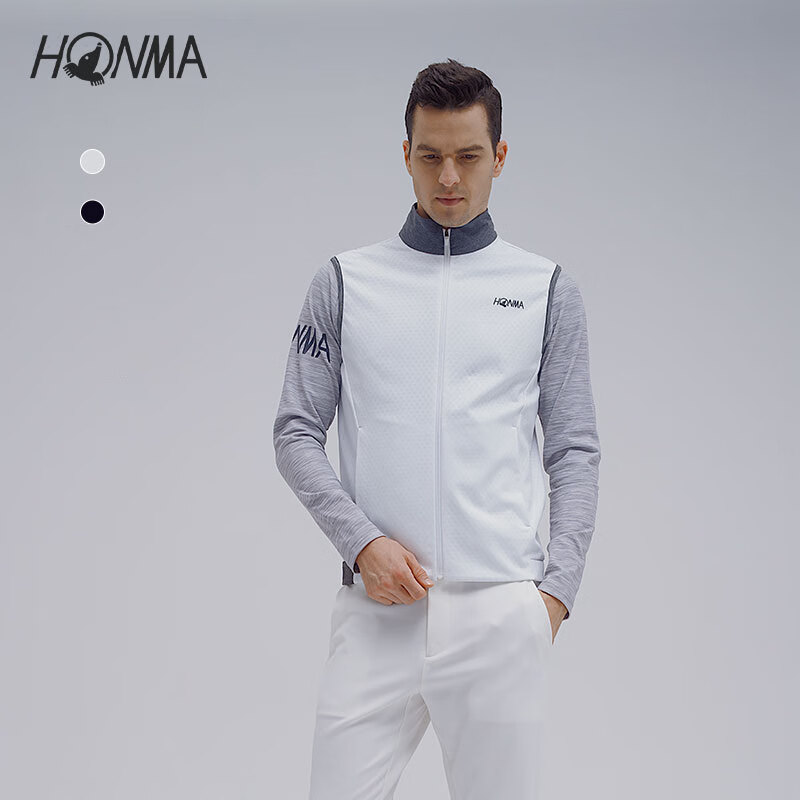 honma新款运动高尔夫服饰男子马甲立领时尚休闲拉链运动立领背心 白色