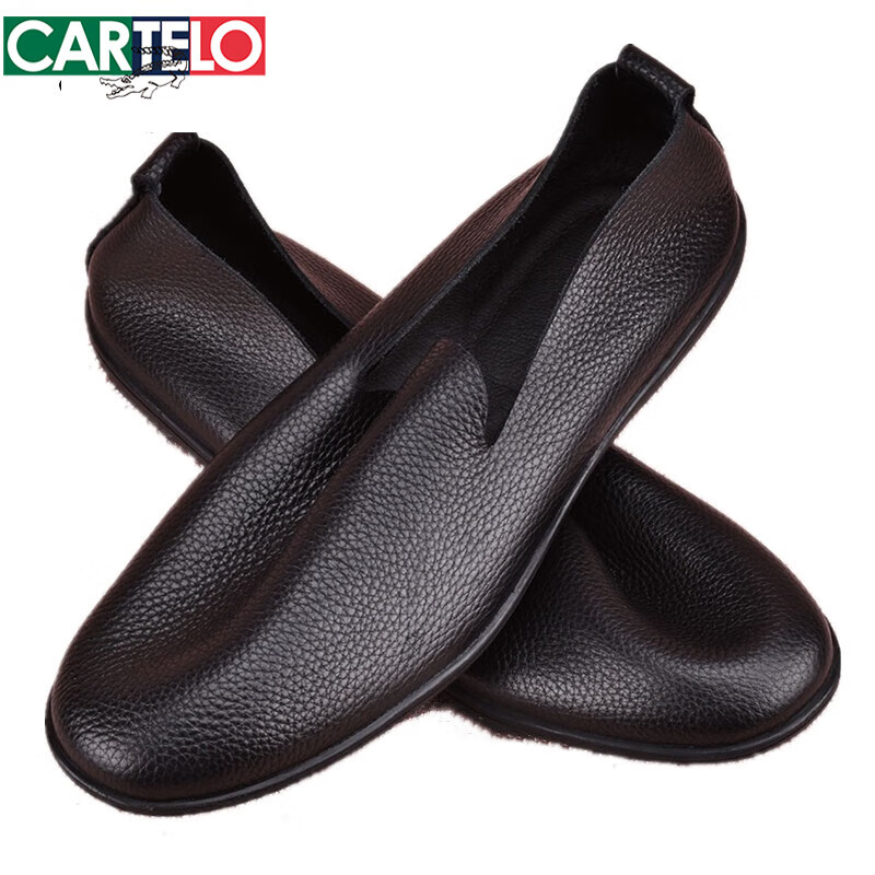 卡帝乐鳄鱼（CARTELO）真皮单层皮鞋男夏季透气轻便懒人鞋软面皮休闲百搭圆头套脚豆豆鞋 黑色 39 标准码