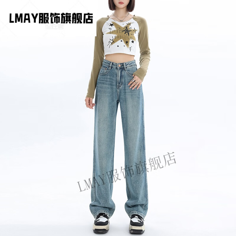 LMAY未羽加绒直筒牛仔裤女高腰显瘦宽松百搭垂感拖地阔腿裤6416。 浅蓝九分(单裤) XS75-88斤