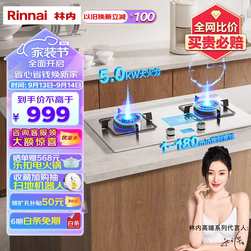 林内Rinnai天燃气灶双灶 嵌入式5KW超大火力猛火智能定时灶具 不锈钢面板 JZT-2E08MT 天然气  以旧换新