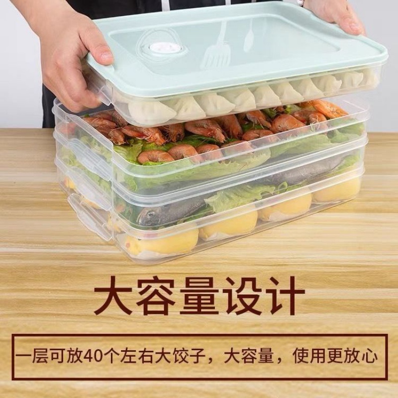 （微风精选）饺子盒多层冰箱速冻水饺家用保鲜盒托盘混沌食品收纳海鲜冷冻盒子RRR 北欧绿 一层一盖