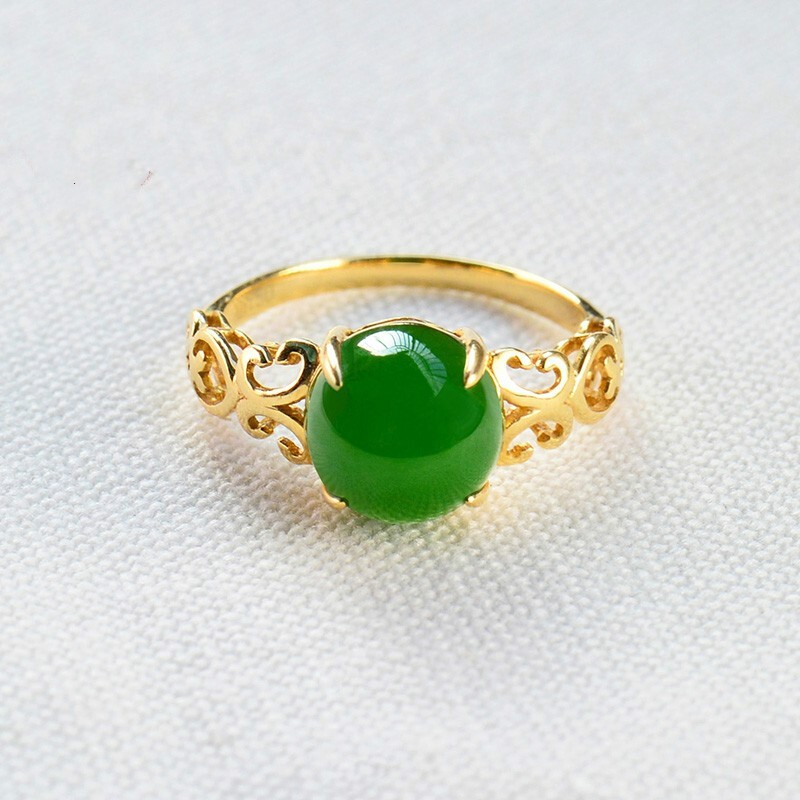 牧思 18k黄金和田玉碧玉戒指冰底 老料菠菜绿金镶玉石戒指带 拍下备注