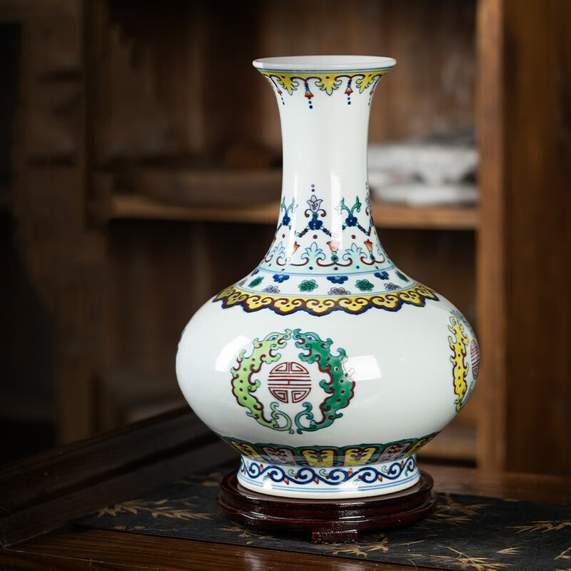 奮行景德鎮(zhèn)陶瓷器花瓶扁肚瓶中式客廳博古架瓷瓶擺件高檔仿古手繪瓷瓶