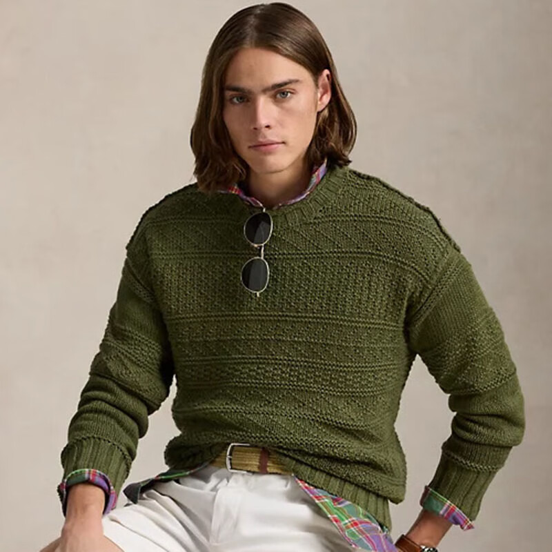 拉夫勞倫（Ralph lauren）男士時(shí)尚保暖優(yōu)雅針織衫 紋理亞麻毛衣 橄欖色 XS