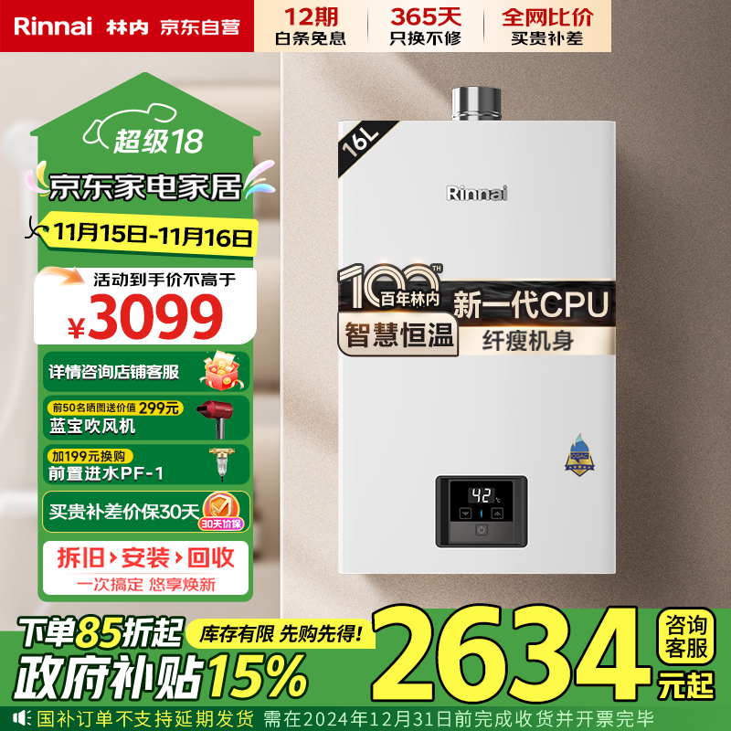 林内（Rinnai）【小蛮腰】16升燃气热水器 【家电政府补贴15%】智慧恒温 全新升级CPU 16GD31（JSQ31-GD31）