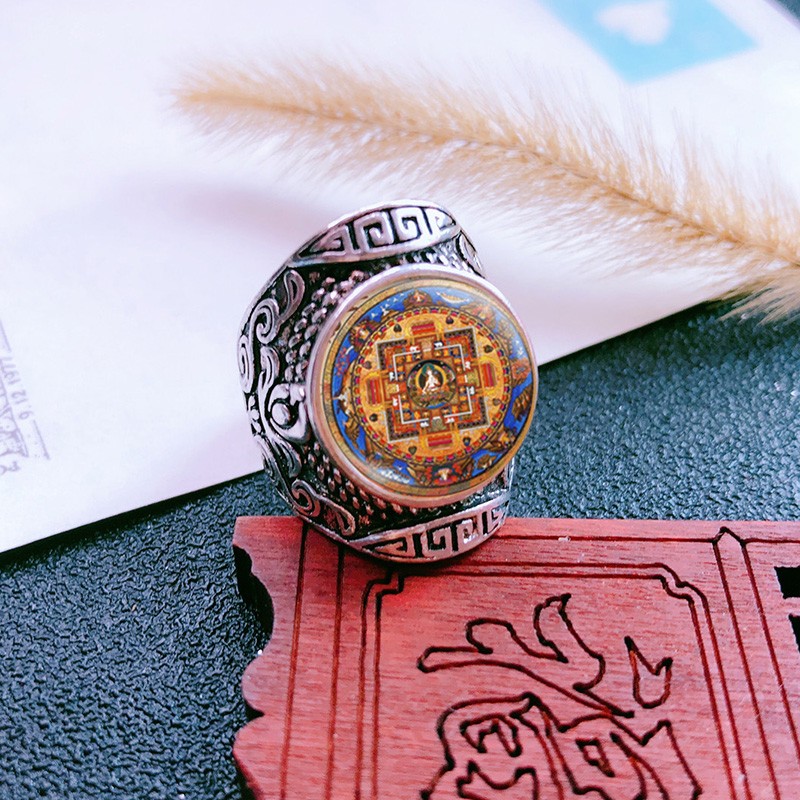 顶盈 西藏手绘唐卡坛城绿度母药师佛不动佛千手观音开口戒指 男女款